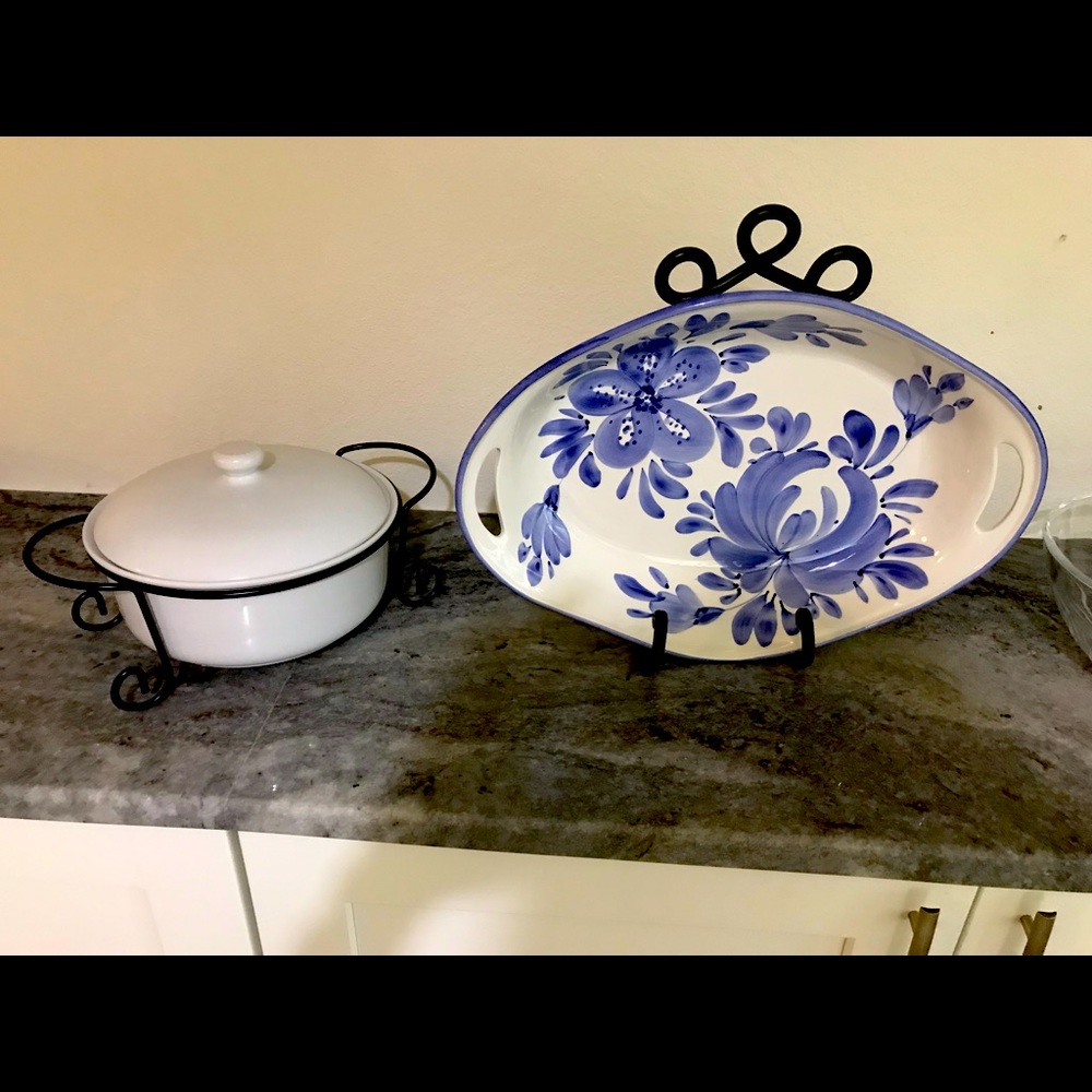 Large blue and white serving bowl with stand